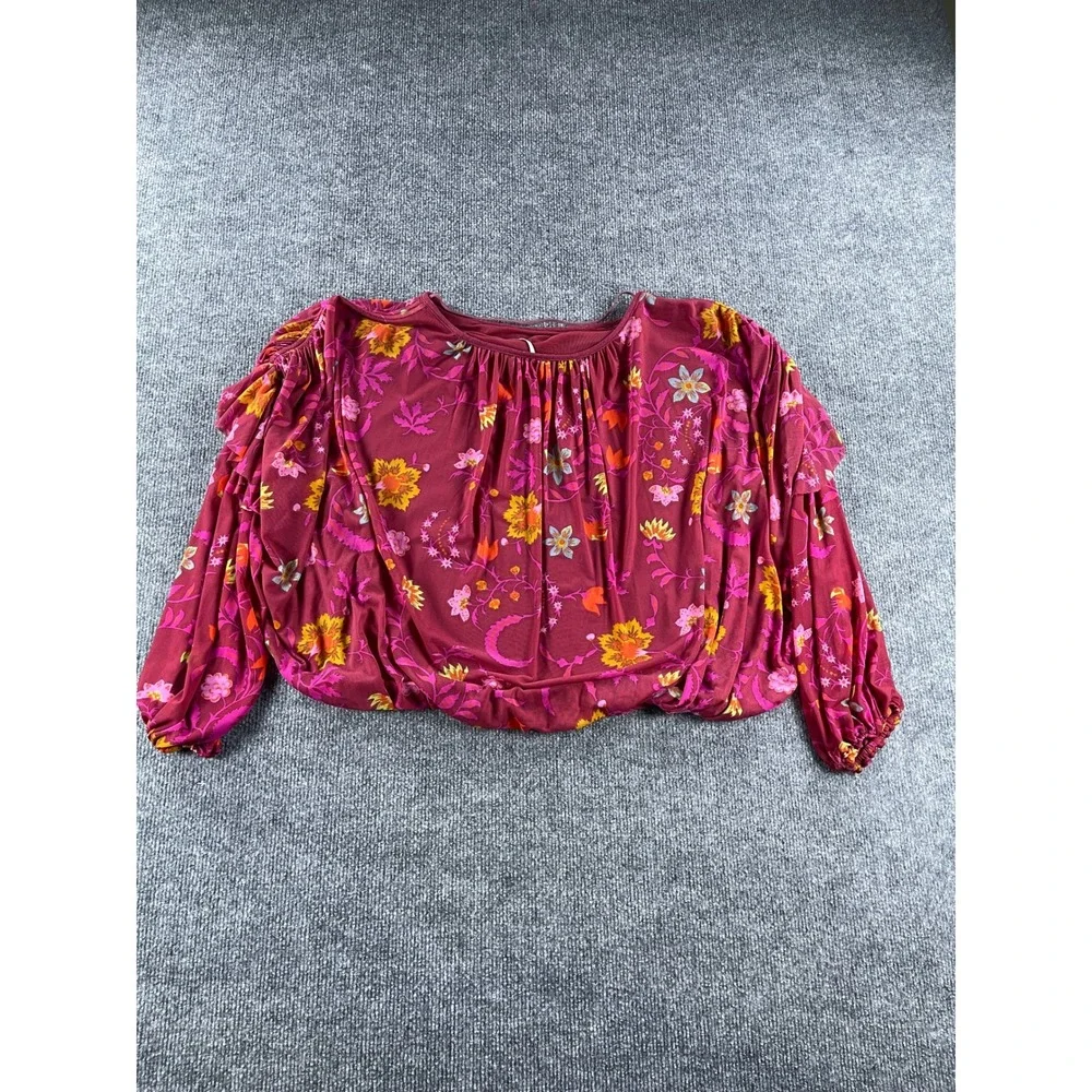 Free People Floral Mesh Bubble Hem Top Burgundy Pink Balloon Sleeve Small